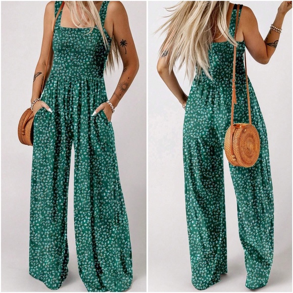 Pants - Boho Floral Print Smocked Bodice Wide Leg Jumpsuit